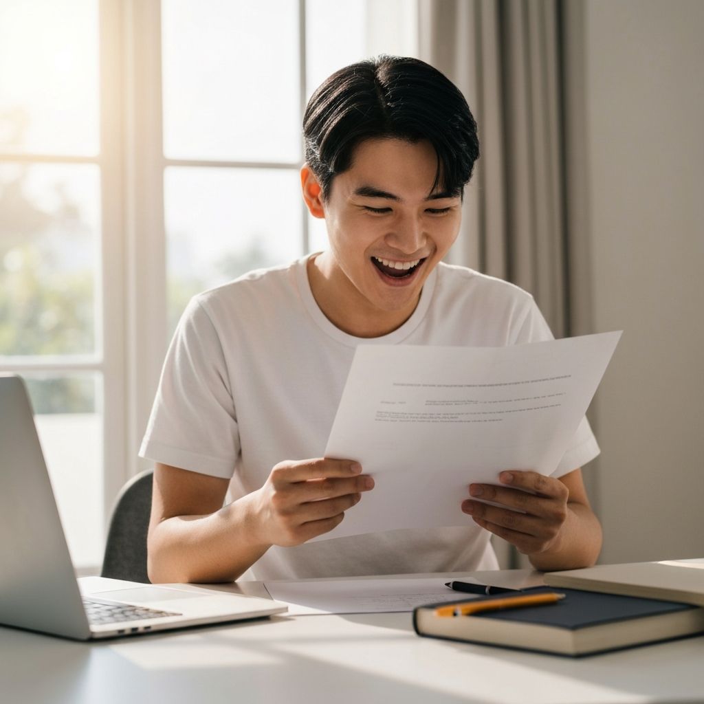 Student receiving university acceptance letter with celebration