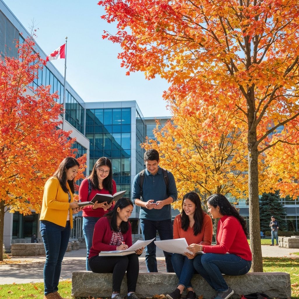 International students at a Canadian university campus with autumn maple trees